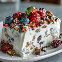 Frozen yogurt bark with berries and granola on a tray, vibrant and refreshing summer treat.