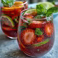 A vibrant pitcher of strawberry basil sangria mocktail with fresh fruit slices and fragrant basil leaves.