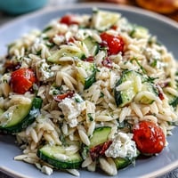 Orzo salad with cucumber and feta, bright with lemon dressing, perfect summer side.