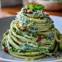 Vibrant creamy avocado pesto pasta, a quick no-cook meal with fresh basil.