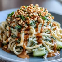 Creamy Cold Peanut Sesame Noodles with crisp cucumber, a refreshing main dish.