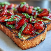 Glistening strawberry balsamic bruschetta sits on golden grilled sourdough, a perfect summer appetizer.